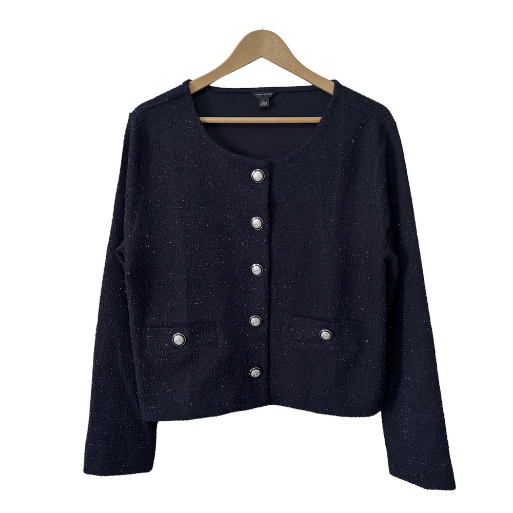Ann Taylor Metallic Weave + Navy Cardigan/Blazer